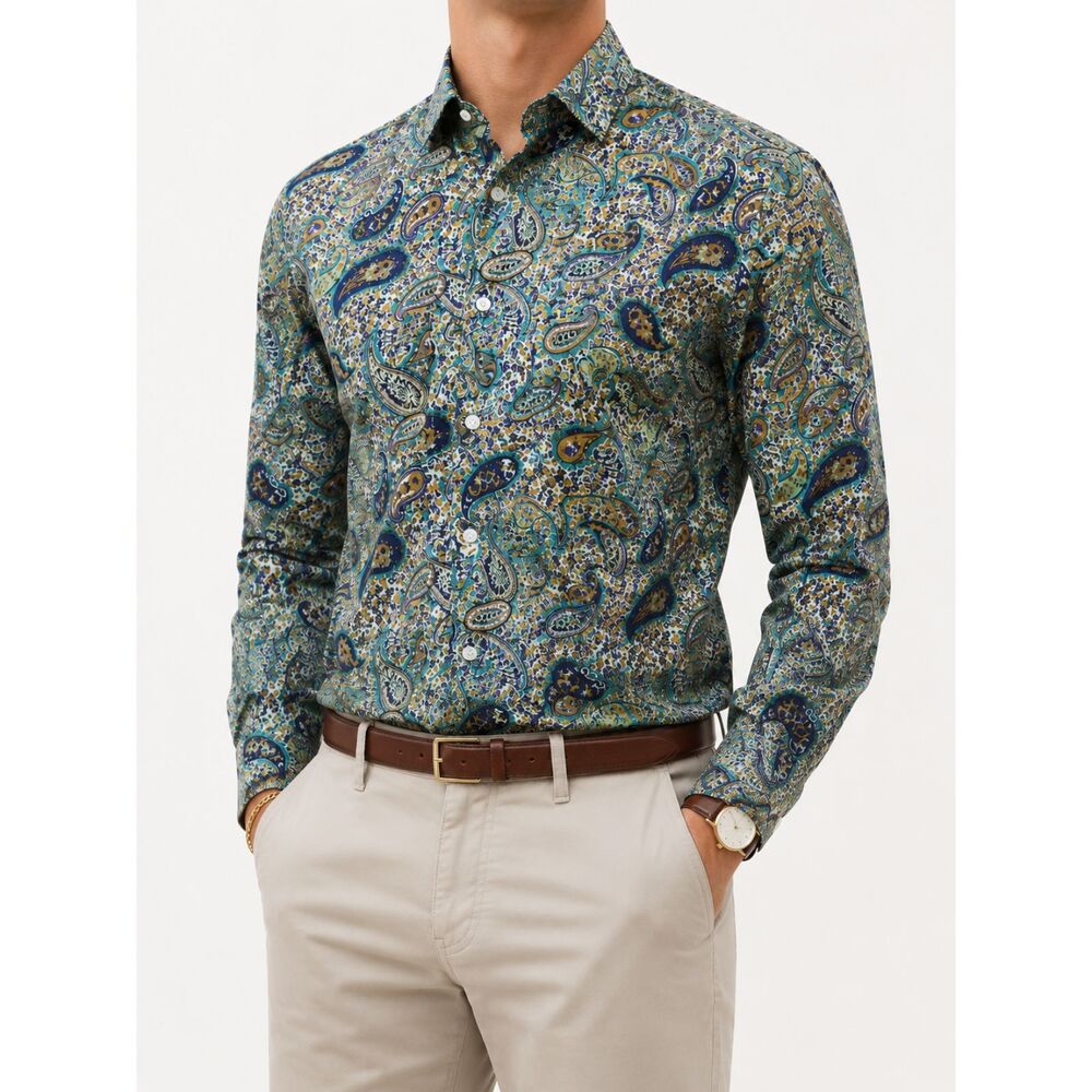 Cremieux Paisley Floral Button Down Shirt Men's Large Cotton‎ Stretch Boho Y2K